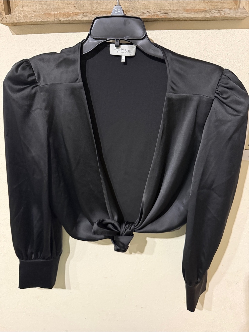 Wayf Black Satin Tie-Front Puff Sleeve Blouse